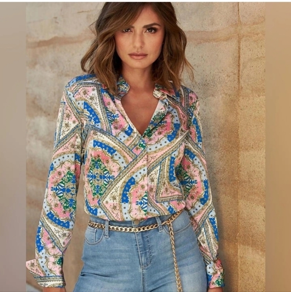 BOSTON PROPER Baroque Scroll Print Sophia Charmeuse Blouse PinkIcing.Size 0 NWOT